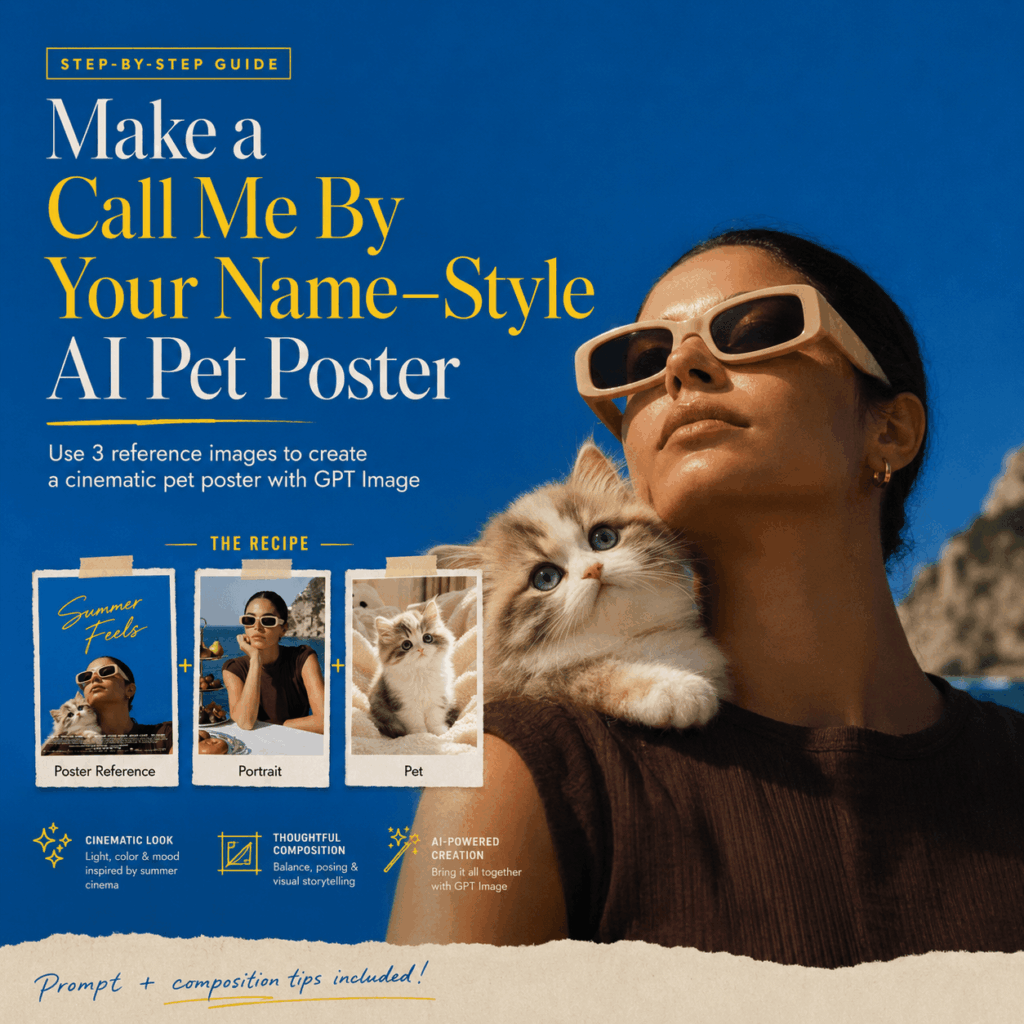 Call Me By Your Name AI Poster Tutorial With Pet – WeShop AI Blog Call Me By Your Name AI poster tutorial cover showing a woman in sunglasses with a kitten on her shoulder, plus three reference image cards for poster, portrait, and pet.