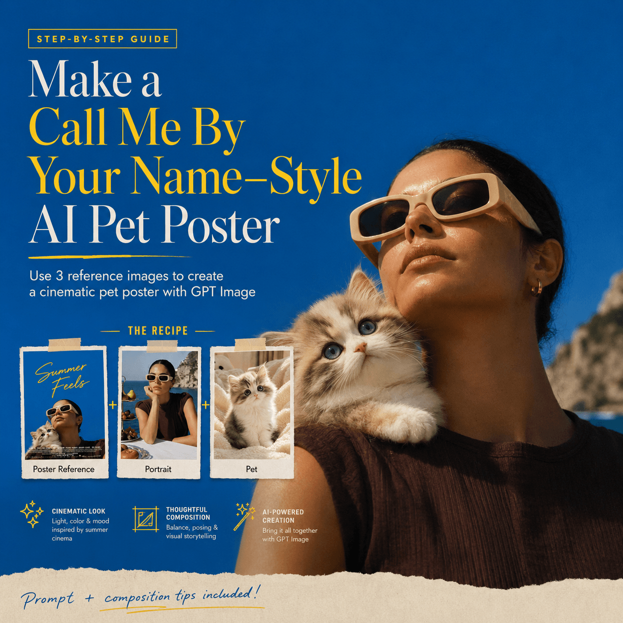 Call Me By Your Name AI poster tutorial cover showing a woman in sunglasses with a kitten on her shoulder, plus three reference image cards for poster, portrait, and pet.