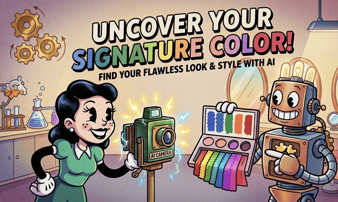 An illustration featuring the keyword signature color, showing a woman using an AI camera and a robot holding a colorful palette to find her flawless look and personal color analysis.