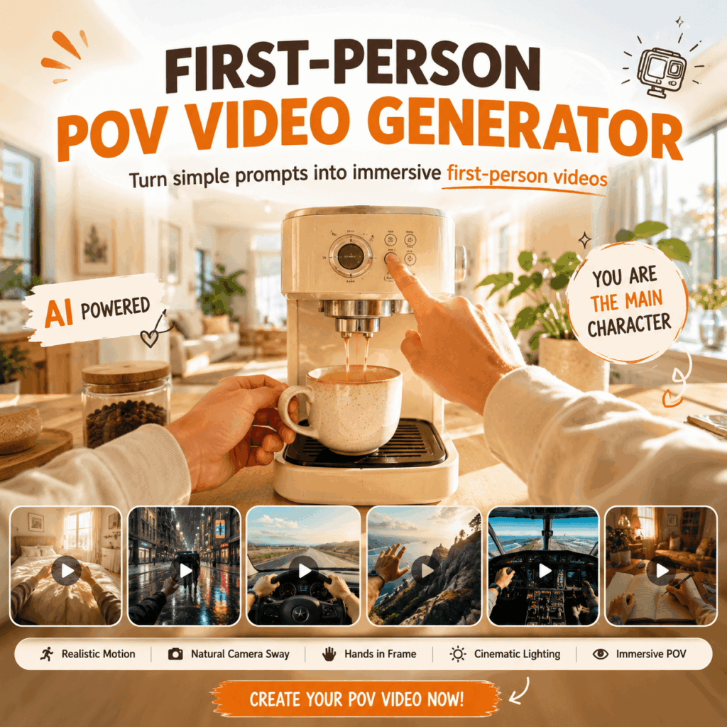 First-Person POV Video Generator for Immersive AI Videos – WeShop AI Blog A warm promotional graphic for First-Person POV Video Generator showing a first-person coffee machine scene, AI video thumbnails, and text about creating immersive POV videos.