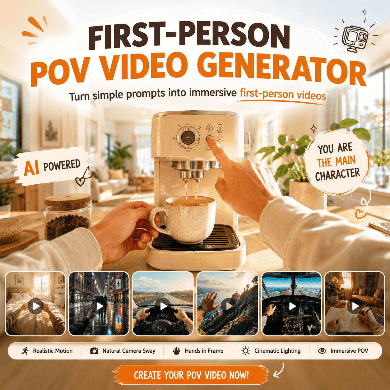 A warm promotional graphic for First-Person POV Video Generator showing a first-person coffee machine scene, AI video thumbnails, and text about creating immersive POV videos.