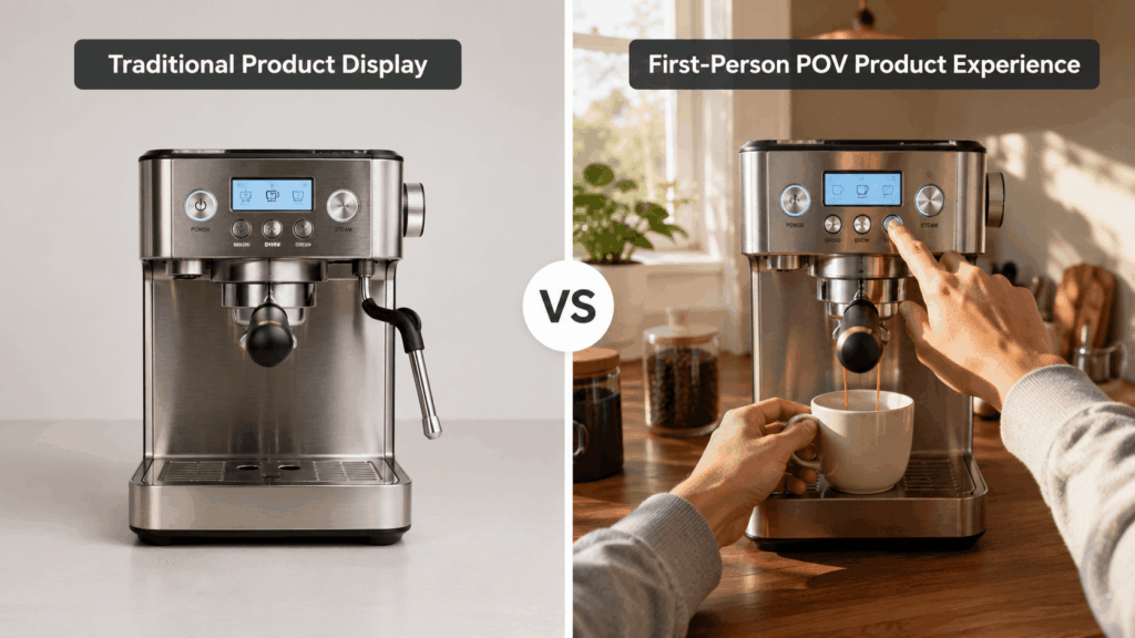 comparison 1 – WeShop AI Blog Side-by-side comparison of traditional product display and first-person POV product experience, showing a coffee machine as a static product shot versus a hands-in-frame usage scene.