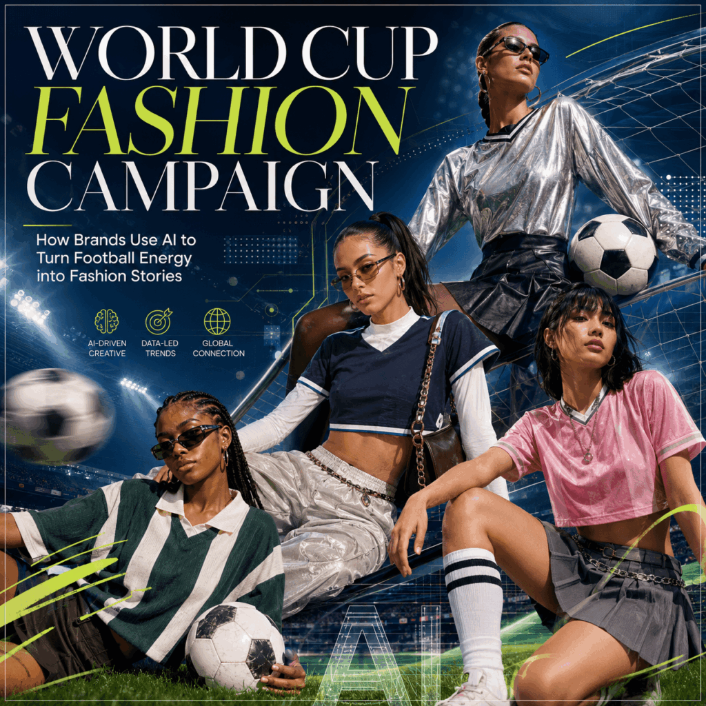 World Cup Fashion Campaign with AI – WeShop AI Blog World Cup fashion campaign hero image showing AI-driven football styling, stadium lights, fashion models, jerseys, footballs, and editorial campaign design.
