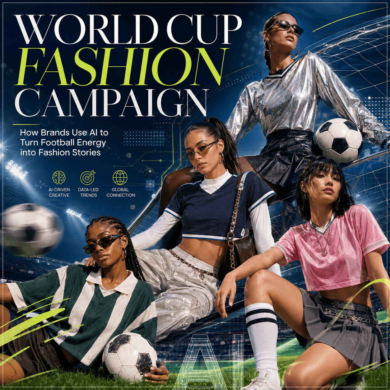 World Cup fashion campaign hero image showing AI-driven football styling, stadium lights, fashion models, jerseys, footballs, and editorial campaign design.