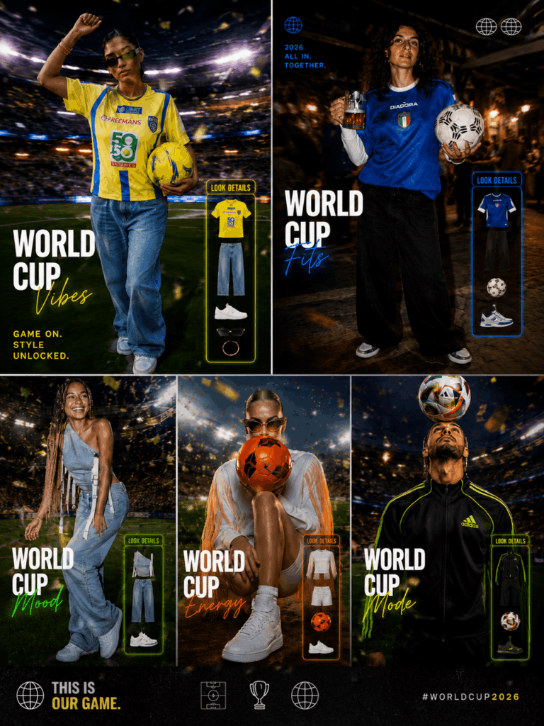 cup1 – WeShop AI Blog World Cup fashion campaign mood board featuring football-inspired outfits, stadium lighting, jersey styling, look details, and social media campaign visuals.