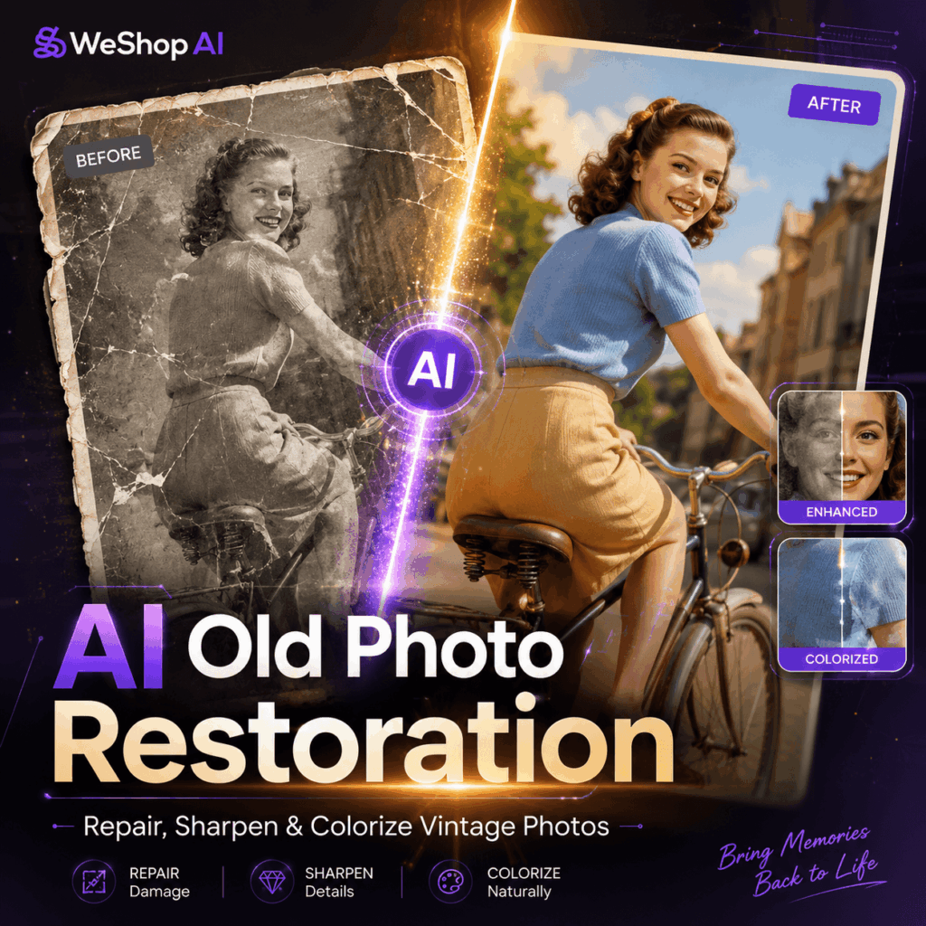 AI old photo restoration cover showing a damaged black-and-white photo transformed into a clear colorized vintage photo