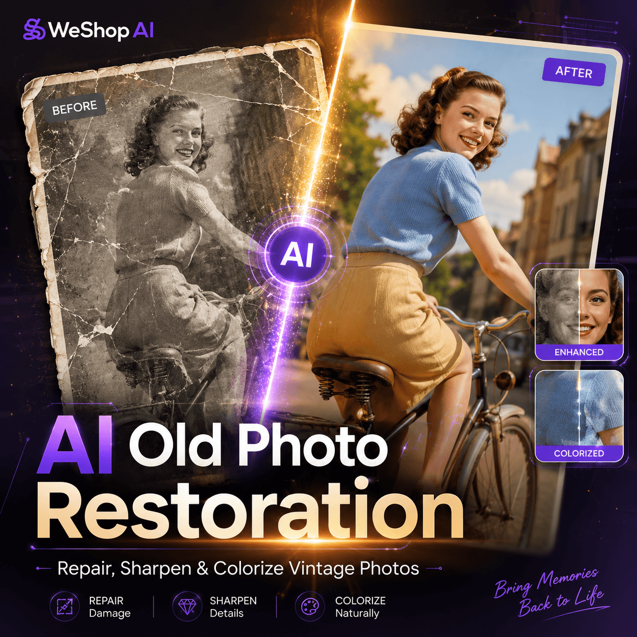 AI old photo restoration cover showing a damaged black-and-white photo transformed into a clear colorized vintage photo