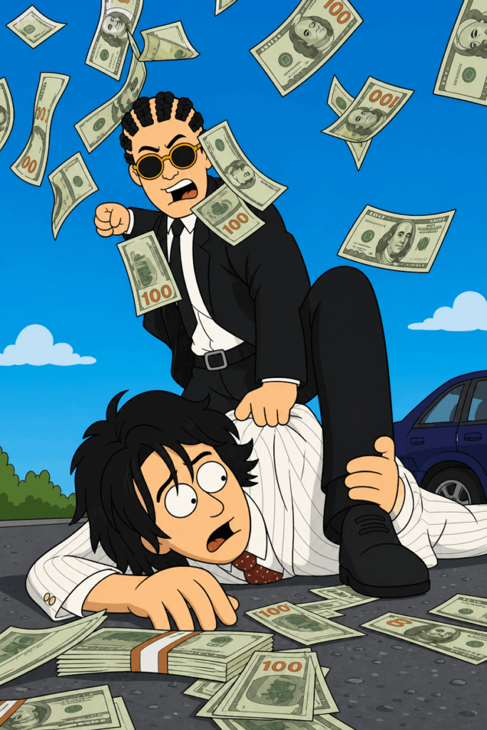eg1 – WeShop AI Blog Family Guy-style AI image showing two cartoon characters in suits with flying money, based on the original action photo.