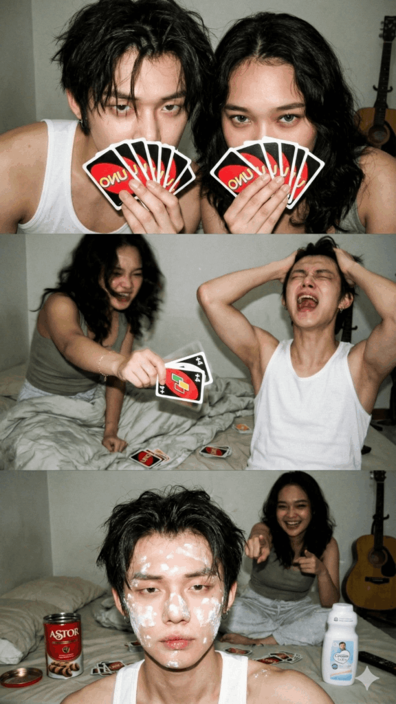 eg2 – WeShop AI Blog Original photo collage of two people holding UNO cards and reacting playfully in a bedroom scene.