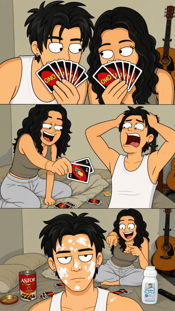 eg3 – WeShop AI Blog Family Guy-style AI image turning a playful UNO card photo collage into expressive cartoon scenes.