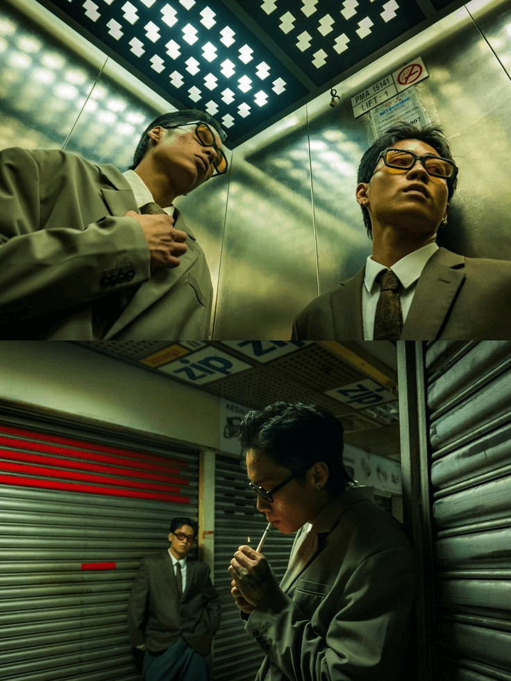 eg6 – WeShop AI Blog Original cinematic photo collage of two people in suits inside an elevator and an urban street setting.