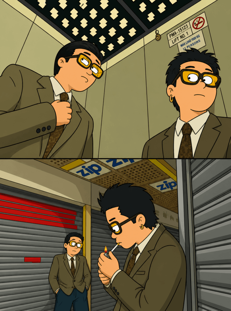eg7 – WeShop AI Blog Family Guy-style AI image recreating an elevator and street scene as a clean adult animated sitcom-style cartoon.