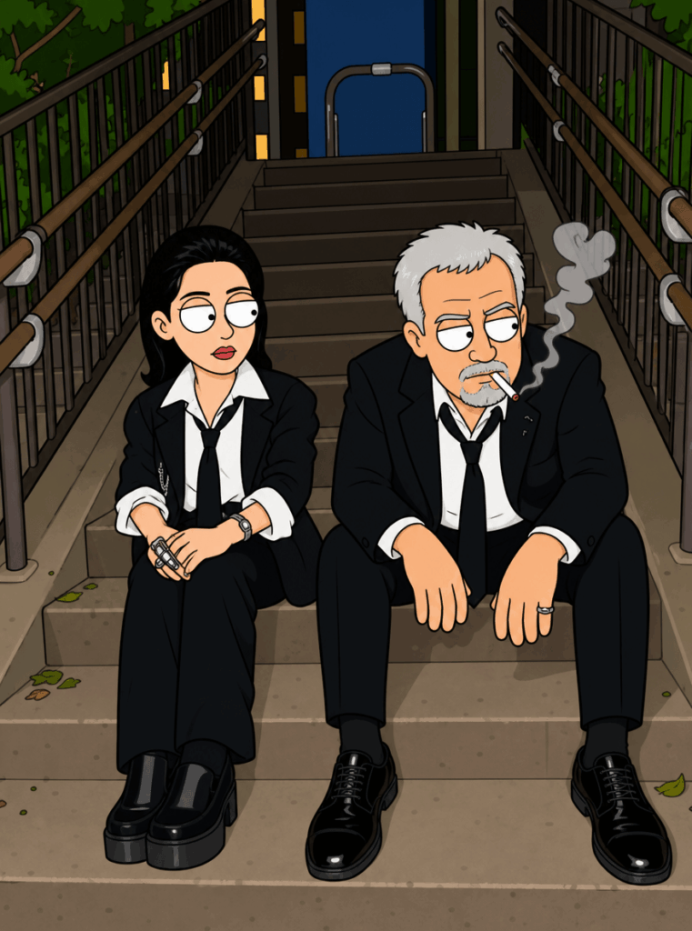 eg99 – WeShop AI Blog Family Guy-style AI image of two cartoon characters in suits sitting on outdoor stairs with a simplified animated background.