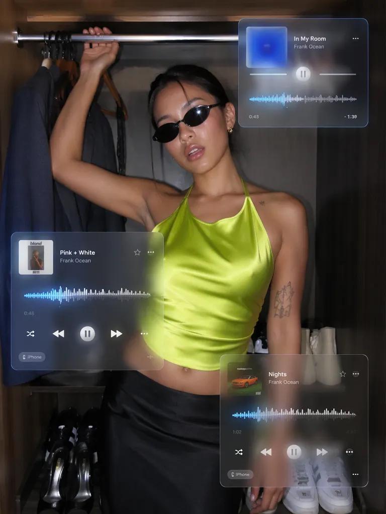 iTV9 – WeShop AI Blog A fashion portrait of a woman in a neon green top and sunglasses with floating music player overlays, showing how a still image can become a dynamic social media-style visual.
