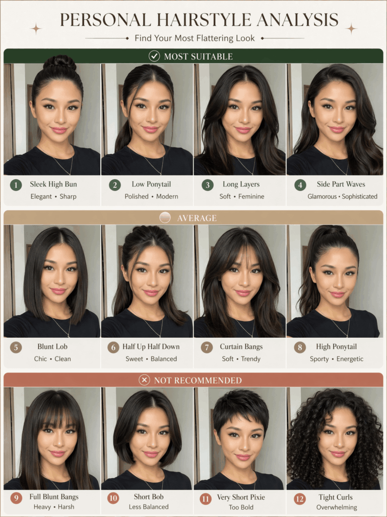 image 11 – WeShop AI Blog An illustration showing the process of generating a personalized hairstyle analysis report: an input original picture of a woman is transformed into a 12-grid report comparing different suitable and unsuitable hairstyles.