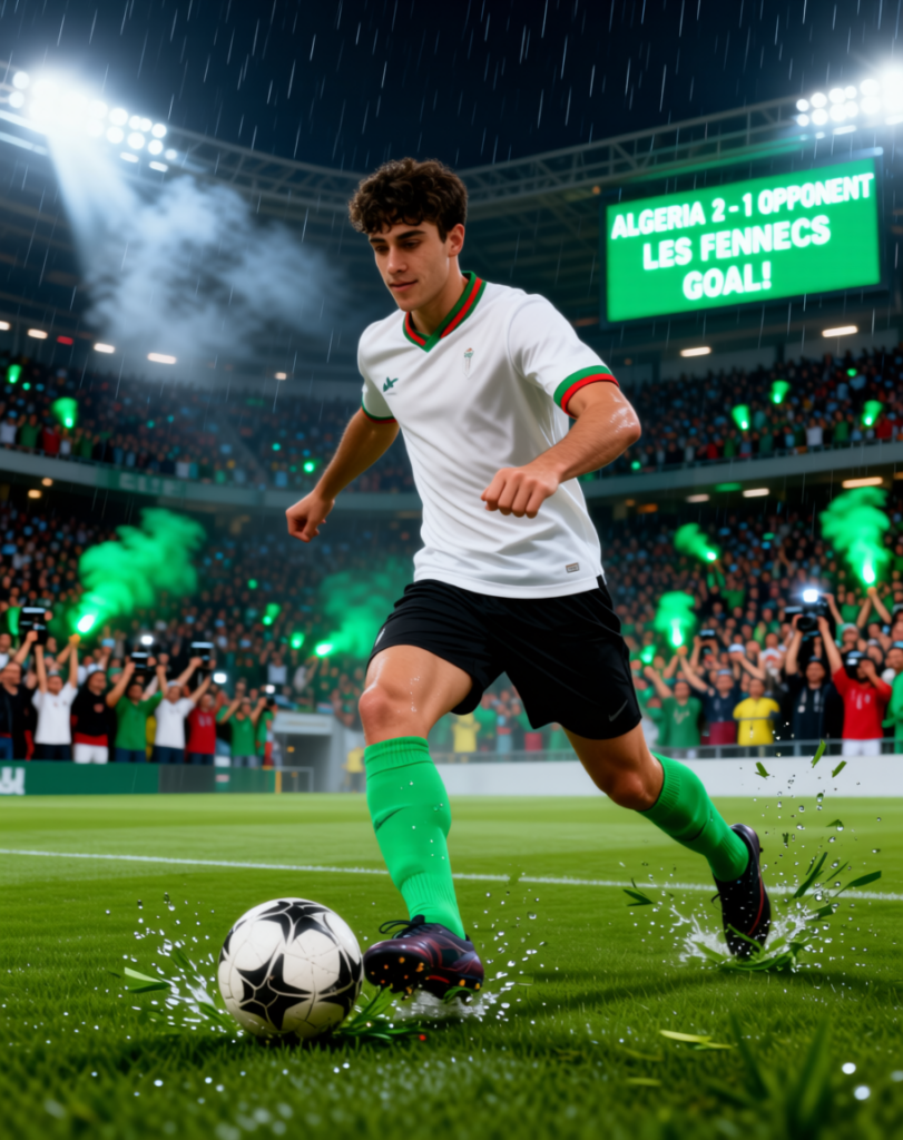 image – WeShop AI Blog AI-generated football action image showing a player dribbling in a stadium with rain, green flares, and cheering fans.