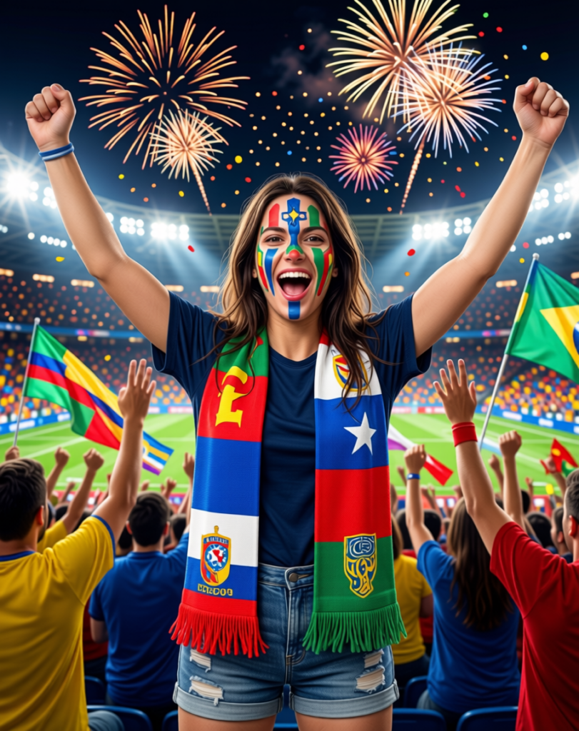 image – WeShop AI Blog AI-generated female football fan celebrating in a stadium with face paint, scarf, flags, fireworks, and a cheering crowd.