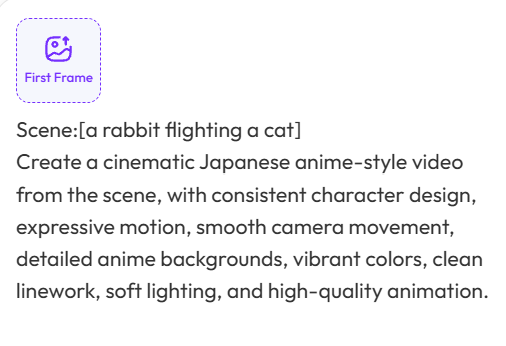 image – WeShop AI Blog Anime AI Video Generator prompt panel showing a first frame scene and anime-style video prompt.