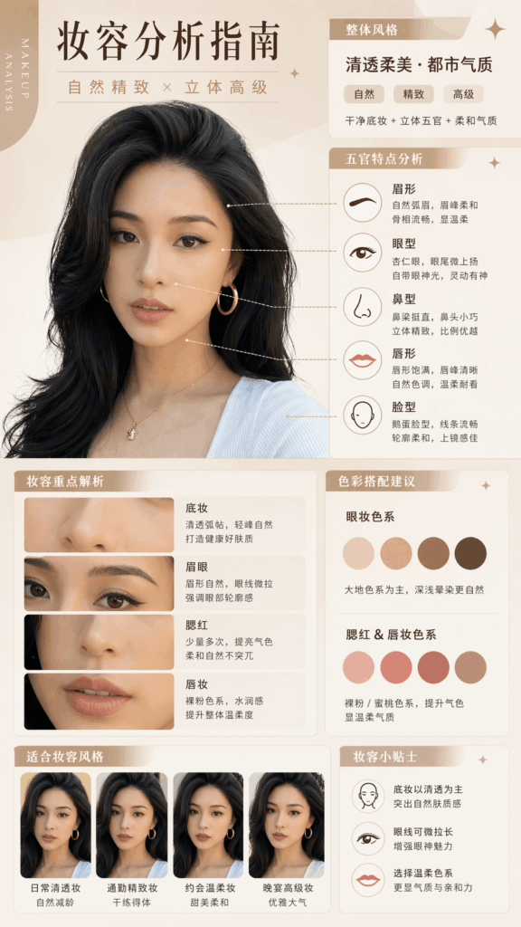 image 8 – WeShop AI Blog An AI-generated beauty magazine column page analyzing facial features and makeup recommendations based on a user's portrait to define their signature color.