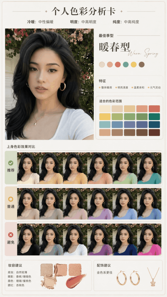 image 9 – WeShop AI Blog An AI-generated seasonal color analysis card showing side-by-side clothing swatches next to a portrait to determine the perfect signature color.