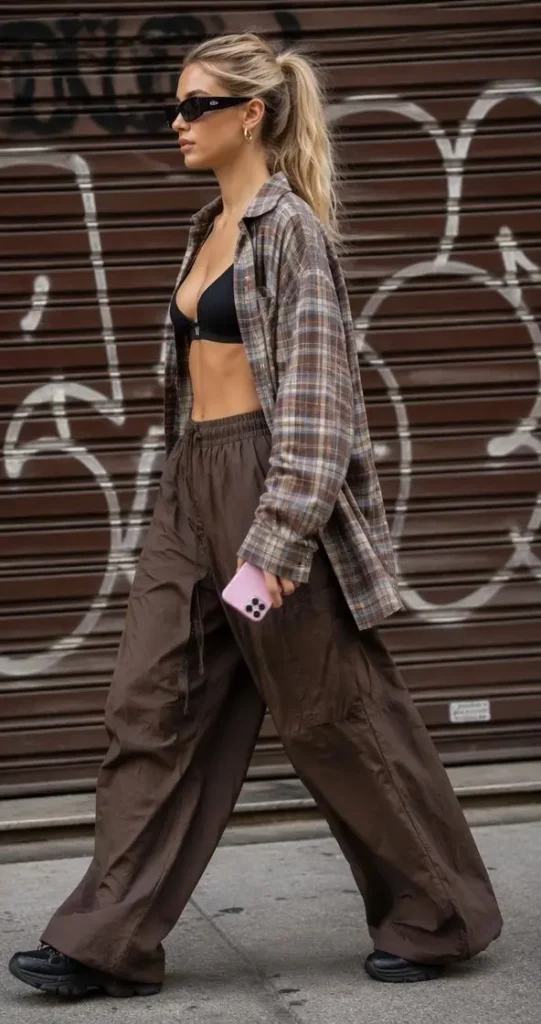 Woman in sunglasses, plaid shirt, black crop top, and wide-leg pants walking past a graffiti-covered shutter.