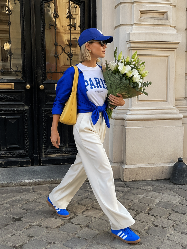 in6 – WeShop AI Blog Woman in a blue and white street style outfit walking outdoors with flowers, used as an original OOTD photo for the AI sticker effect.