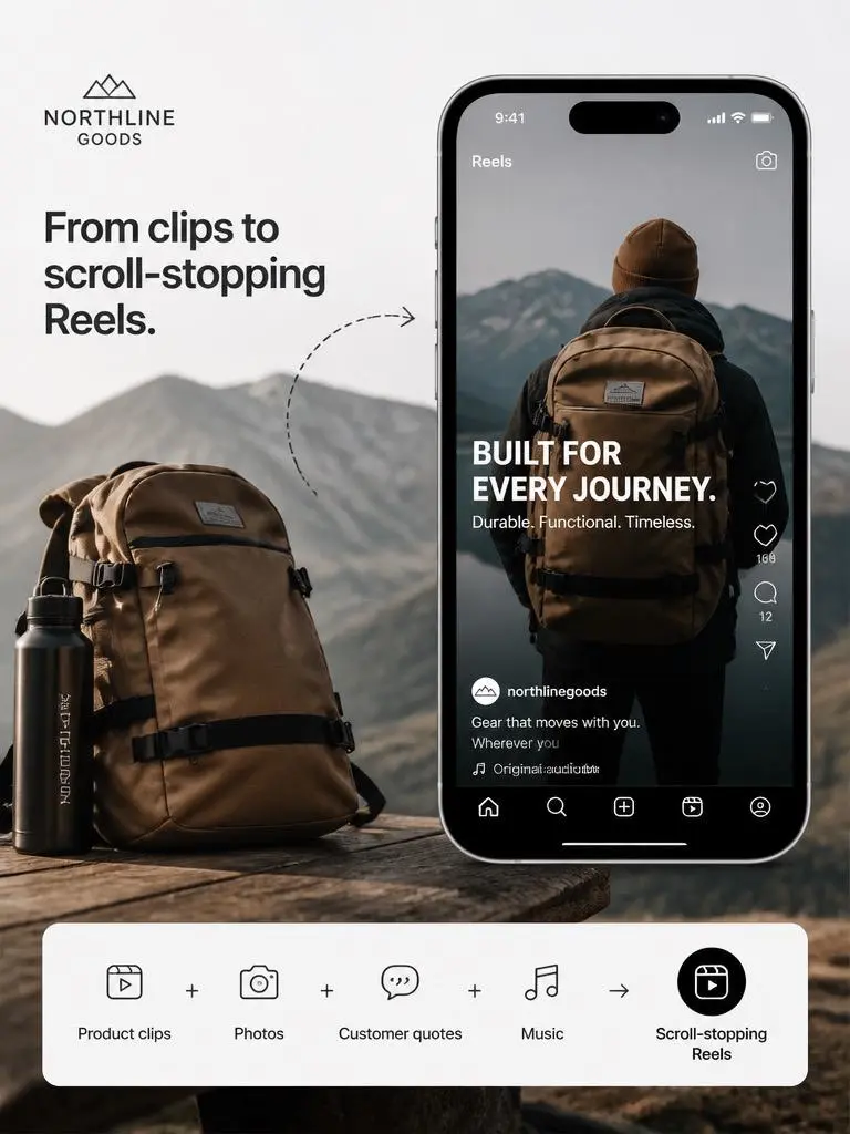Backpack product image transformed into an Instagram Reel with text, phone mockup, music, photos, and customer quote elements.