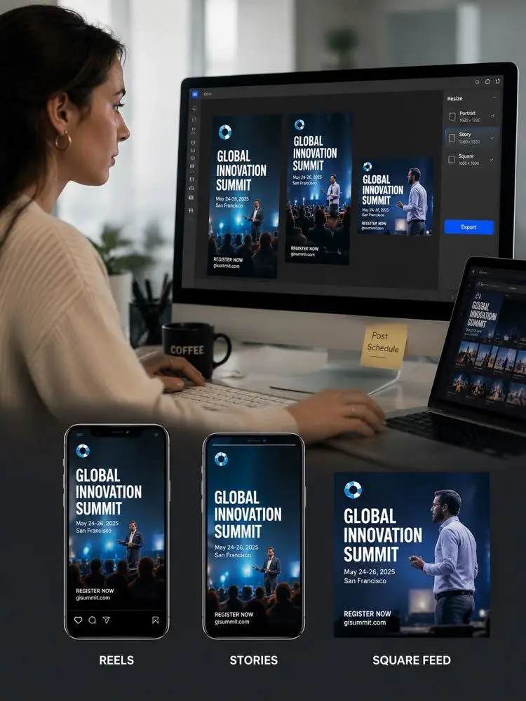 Creator editing a global event campaign into Instagram Reels, Stories, and square feed videos across desktop and mobile screens.