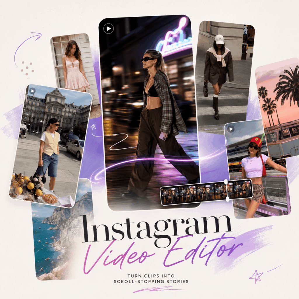 Instagram Video Editor hero image with fashion, travel, and lifestyle video cards