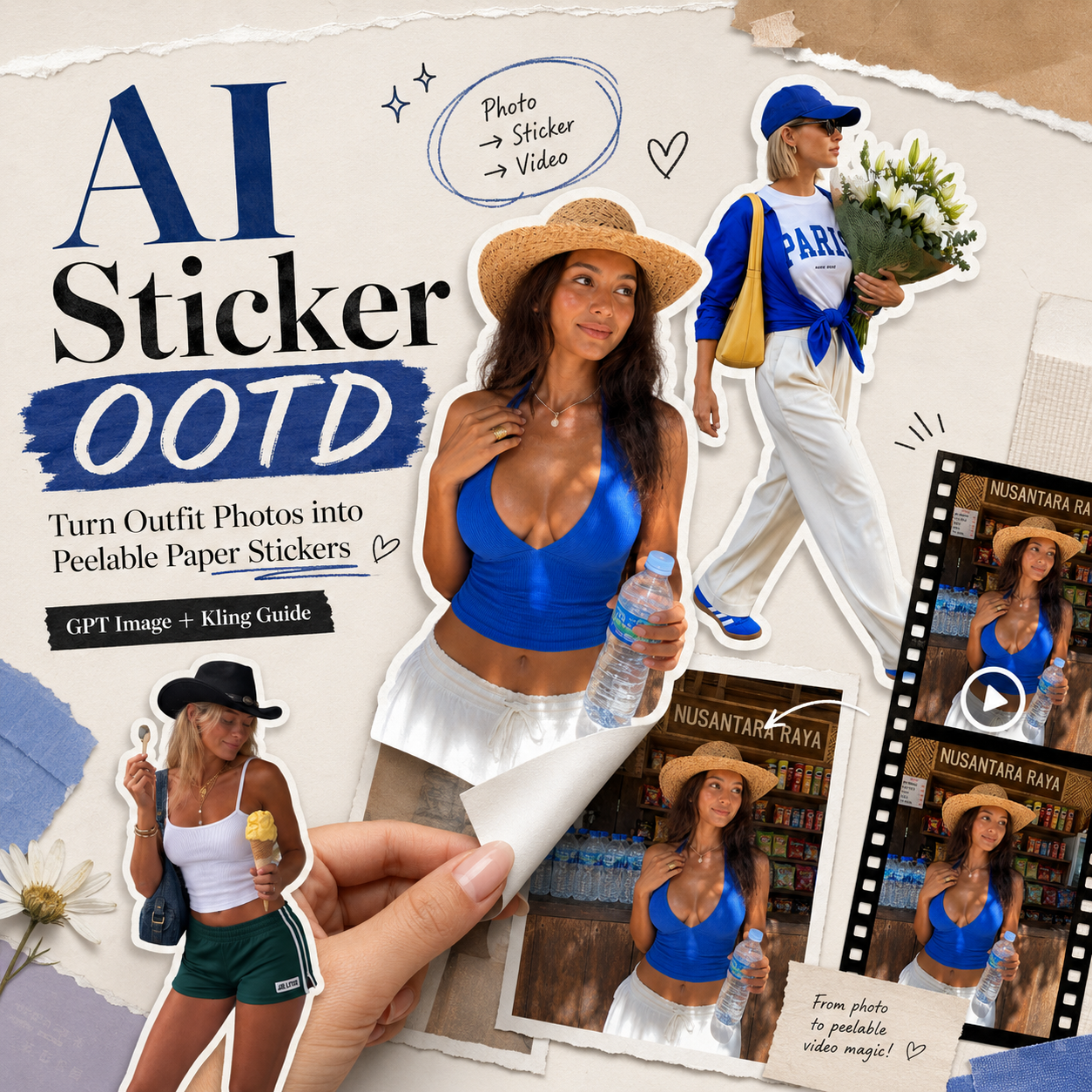 AI Sticker OOTD blog cover showing outfit photos transformed into peelable paper stickers with GPT Image and Kling video effects.
