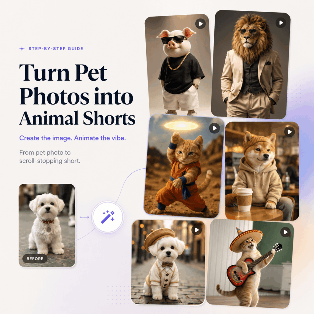 Turn Pet Photos Into Animal Shorts – WeShop AI Blog Hero image for an Animal Shorts Generator tutorial showing pet photos transformed into viral AI animal shorts with different animal characters and video-style cards.