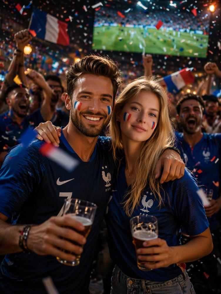 itv1 – WeShop AI Blog A football fan selfie-style image showing two France supporters in blue jerseys celebrating in a crowded stadium with confetti, drinks, and a match playing in the background.