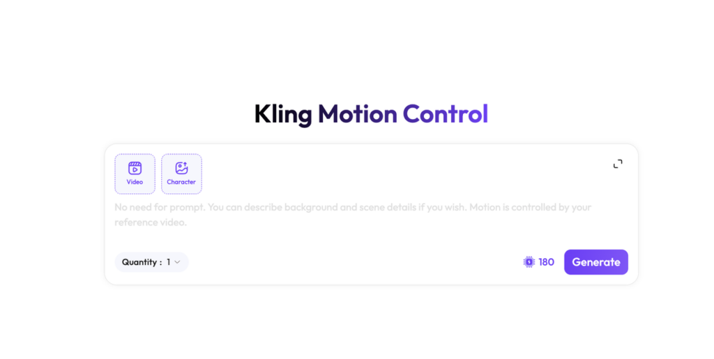kling1 – WeShop AI Blog Kling Motion Control upload interface showing video and character upload options before generating an AI motion transfer video.