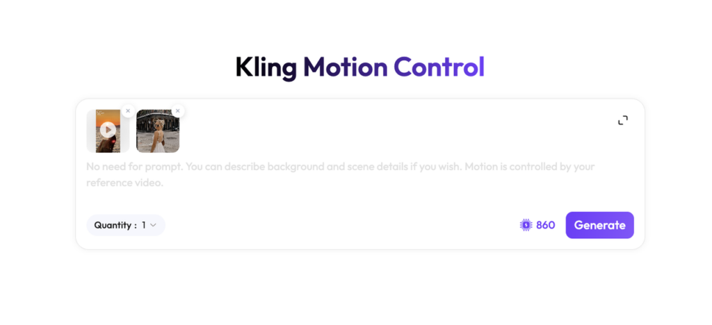 kling2 – WeShop AI Blog Kling Motion Control interface with uploaded character image and motion reference video ready for AI video generation.