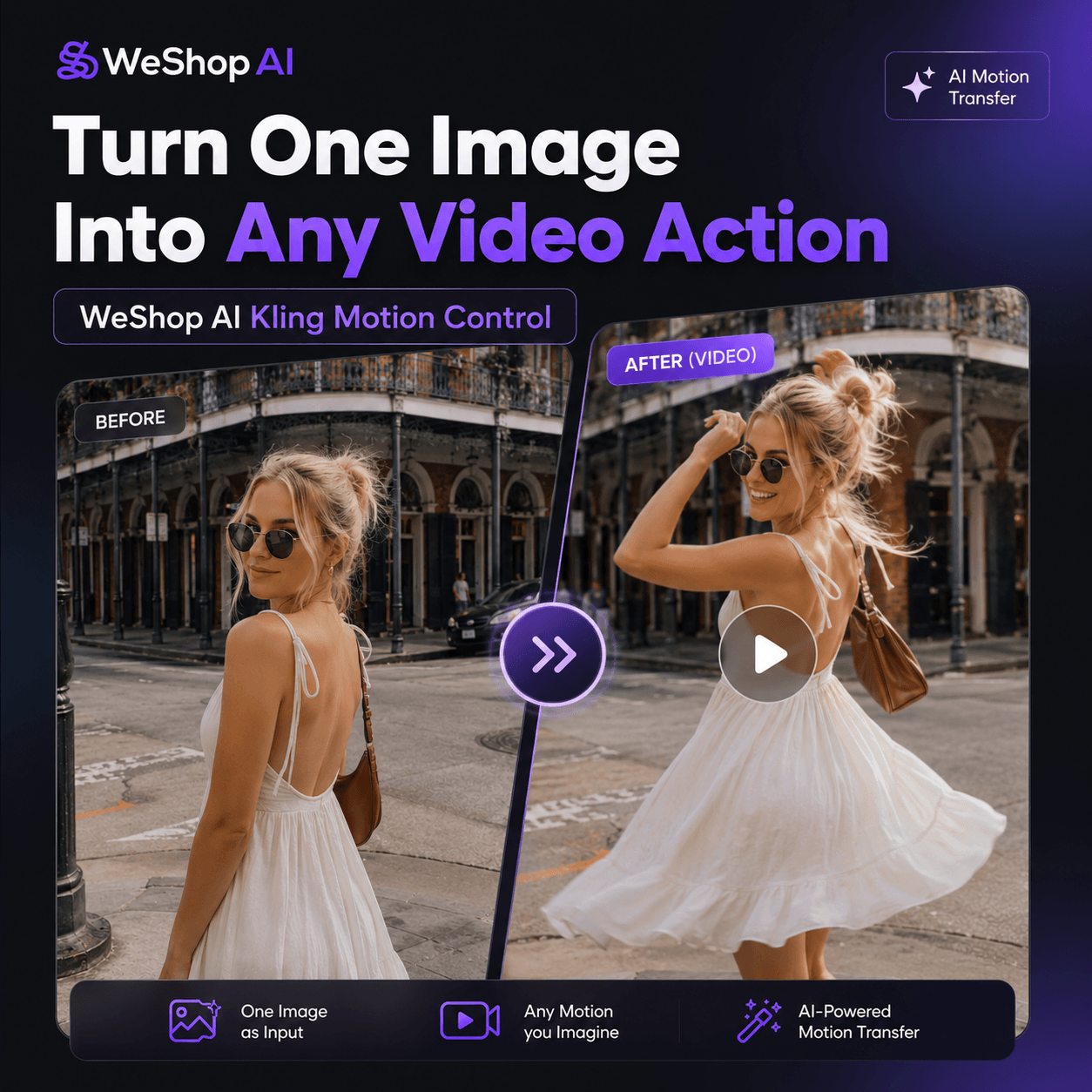 WeShop AI Kling Motion Control blog cover showing one image transformed into an AI motion transfer video.