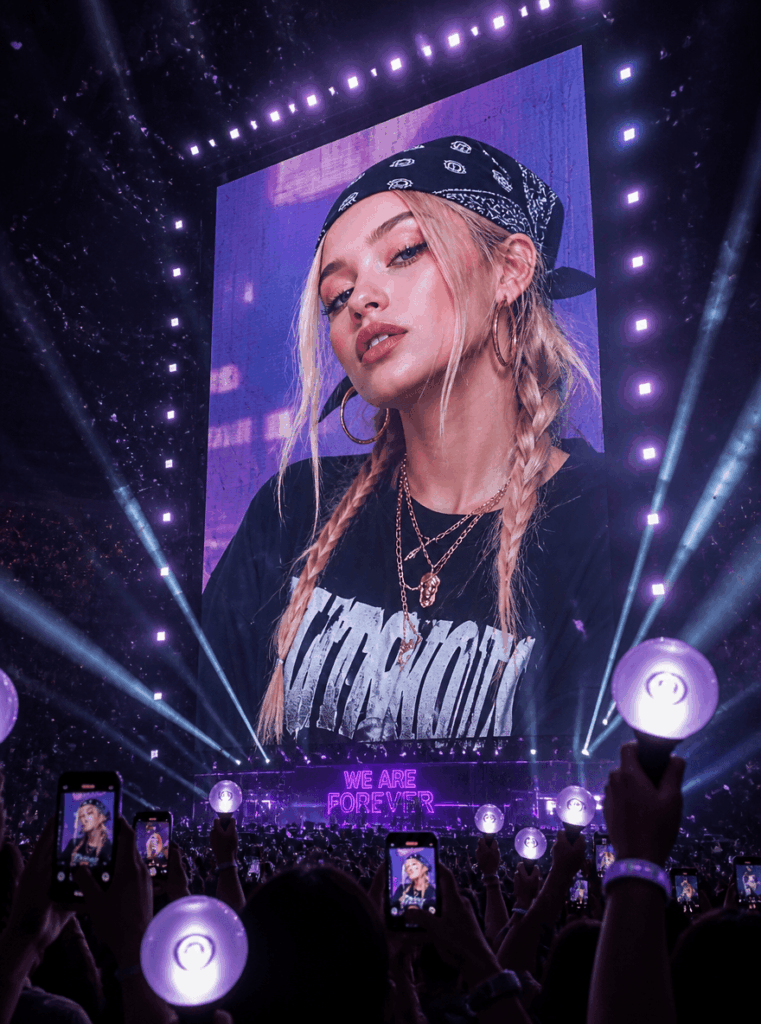 K-pop concert screen AI transformation showing a brown-haired idol on a stadium jumbotron