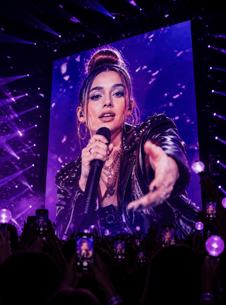 K-pop concert screen image with a performer on a giant LED display, cheering crowd, and purple concert lights
