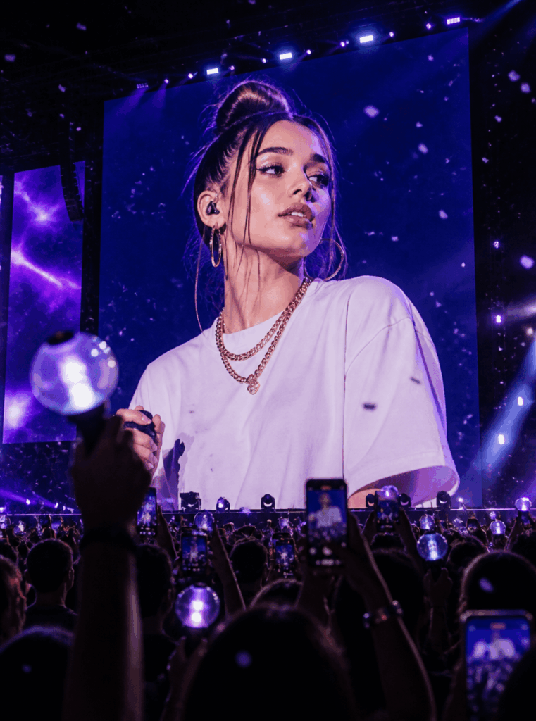 K-pop concert screen fan-cam result with purple lighting, audience phones, and glowing lightsticks