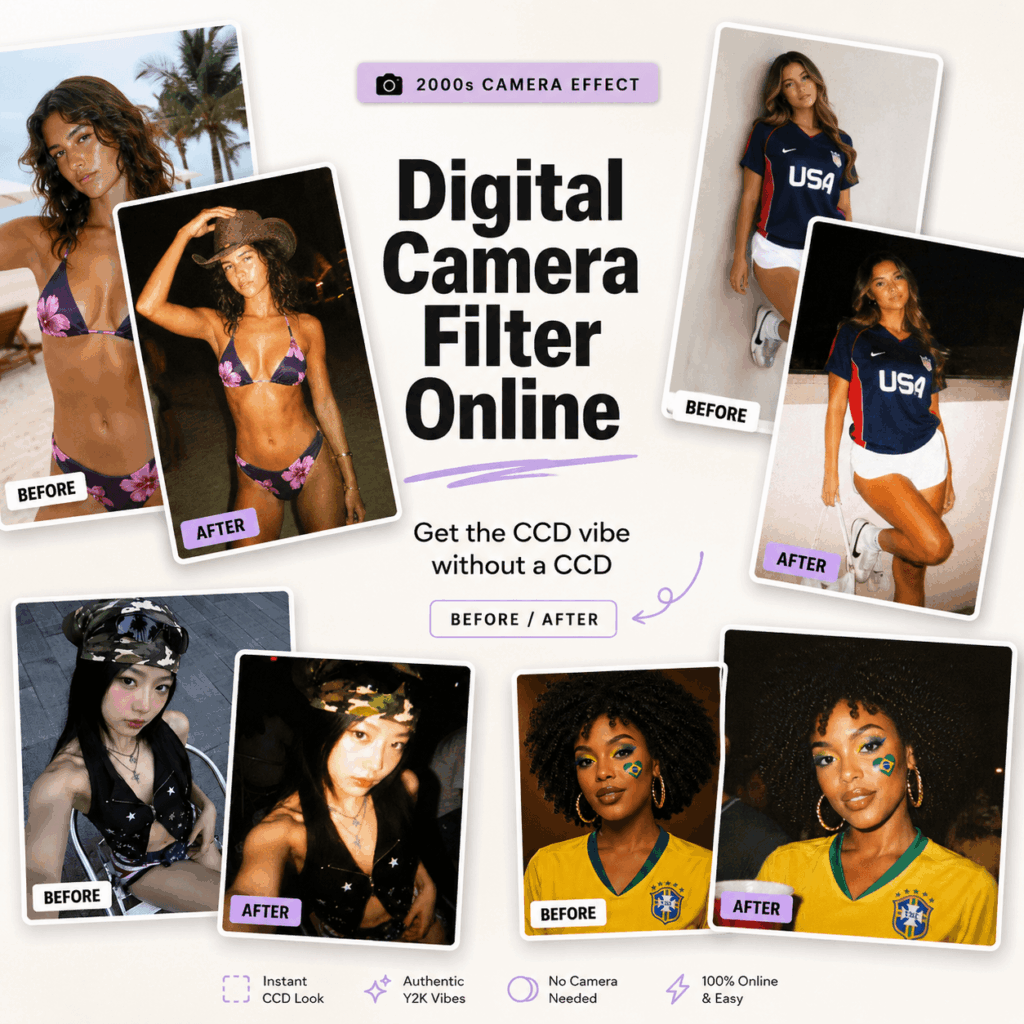 Digital Camera Filter Online collage showing before and after photos with 2000s CCD-style flash, grain, blur, and Y2K camera effects.