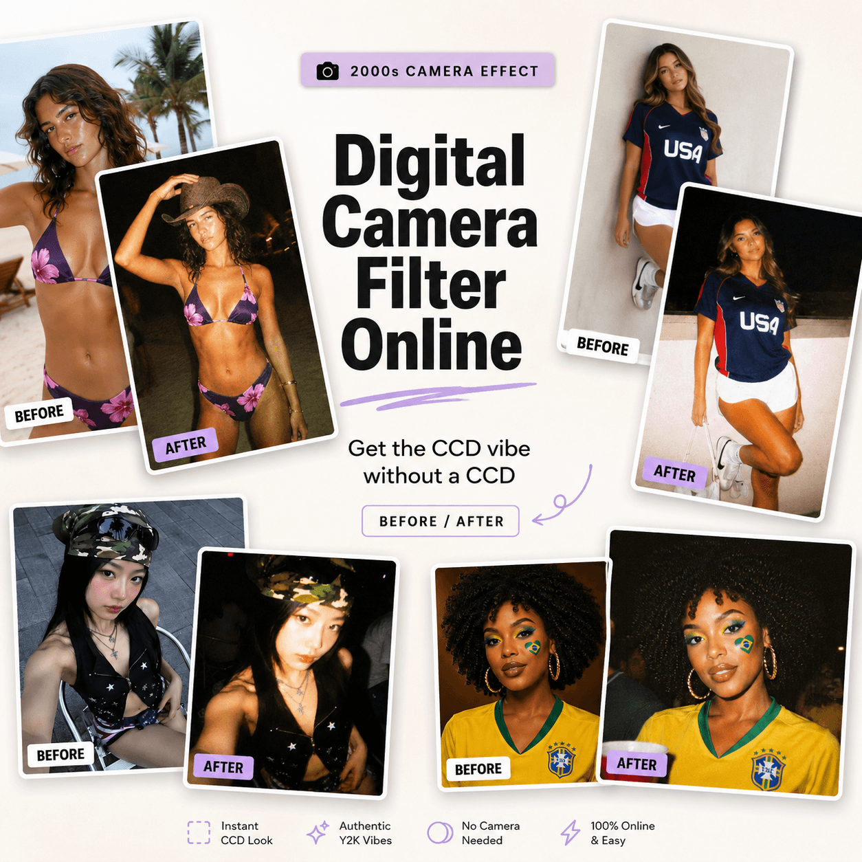Digital Camera Filter Online collage showing before and after photos with 2000s CCD-style flash, grain, blur, and Y2K camera effects.