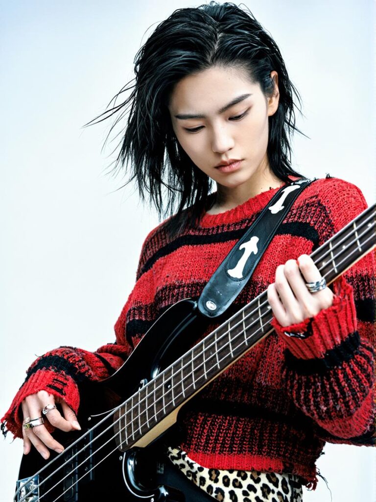 music1 – WeShop AI Blog Portrait of a musician playing bass guitar, used as a reference image for AI instrument playing video generation.