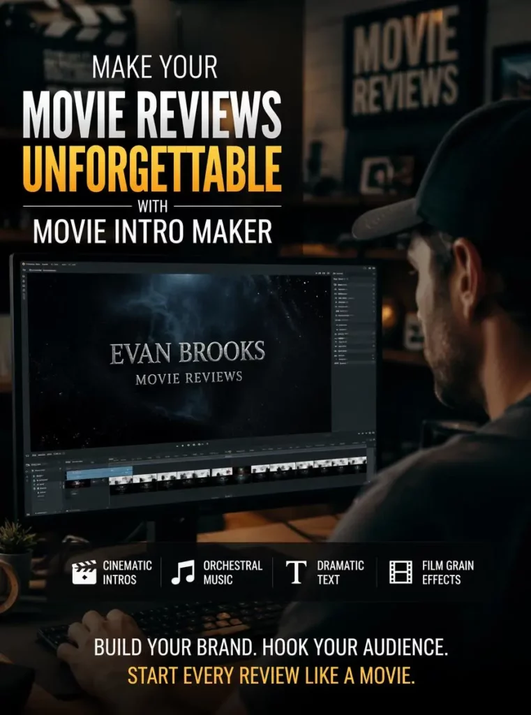 nn – WeShop AI Blog Movie Intro Maker creating a cinematic YouTube movie review intro with dramatic title text, film grain, and editing room visuals