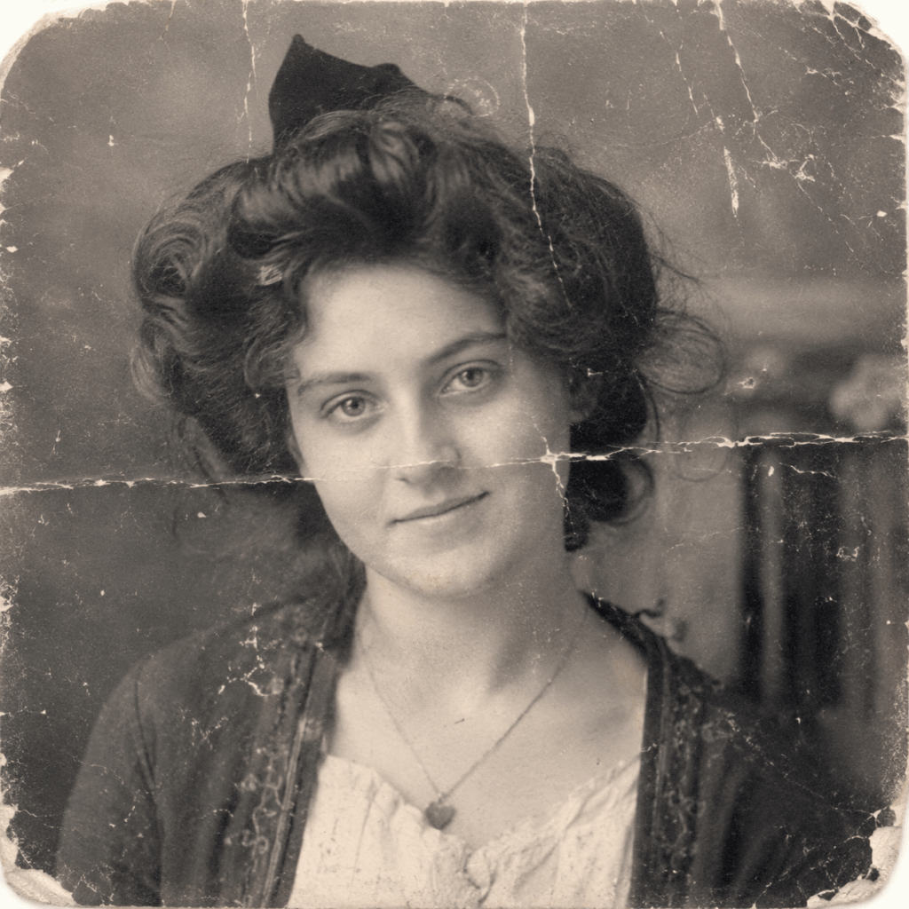 Damaged black-and-white vintage portrait with scratches and creases before AI old photo restoration