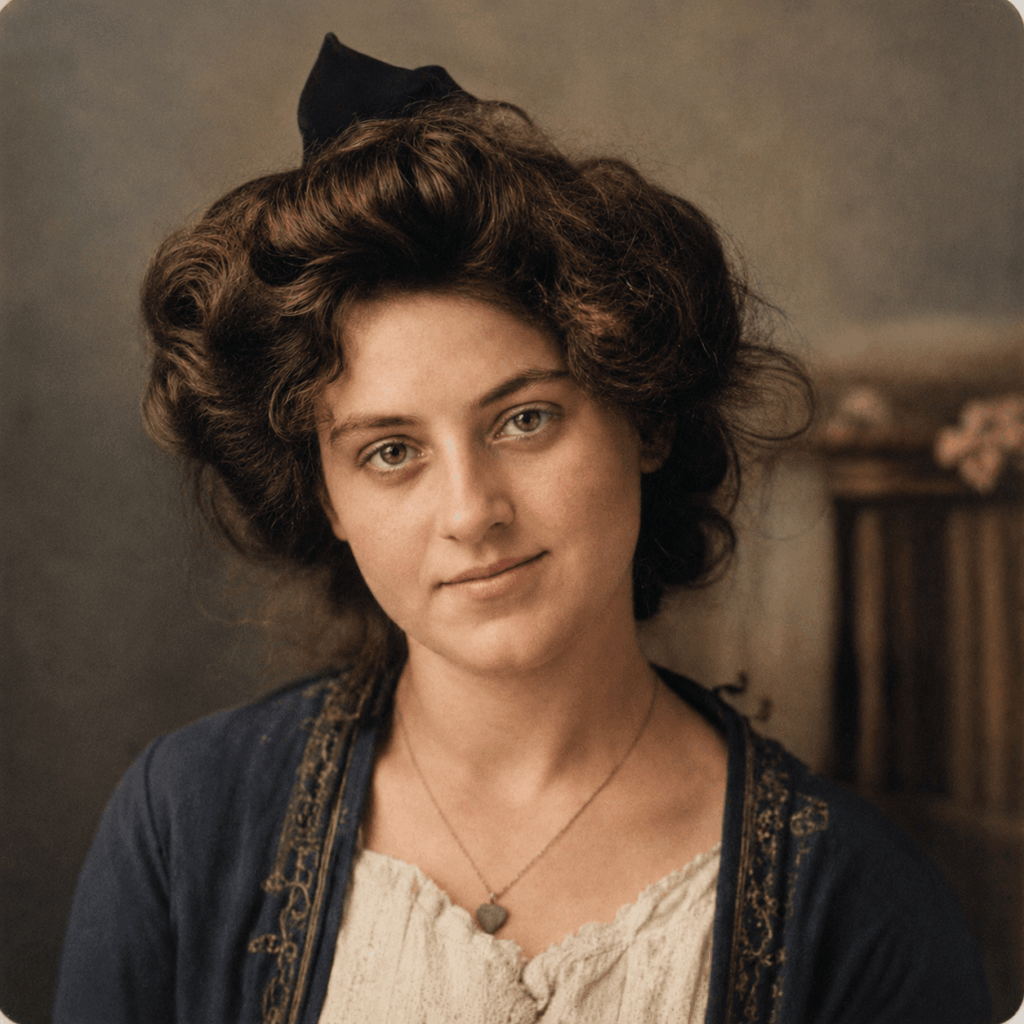 Before-and-after comparison of a damaged vintage portrait restored and colorized with AI