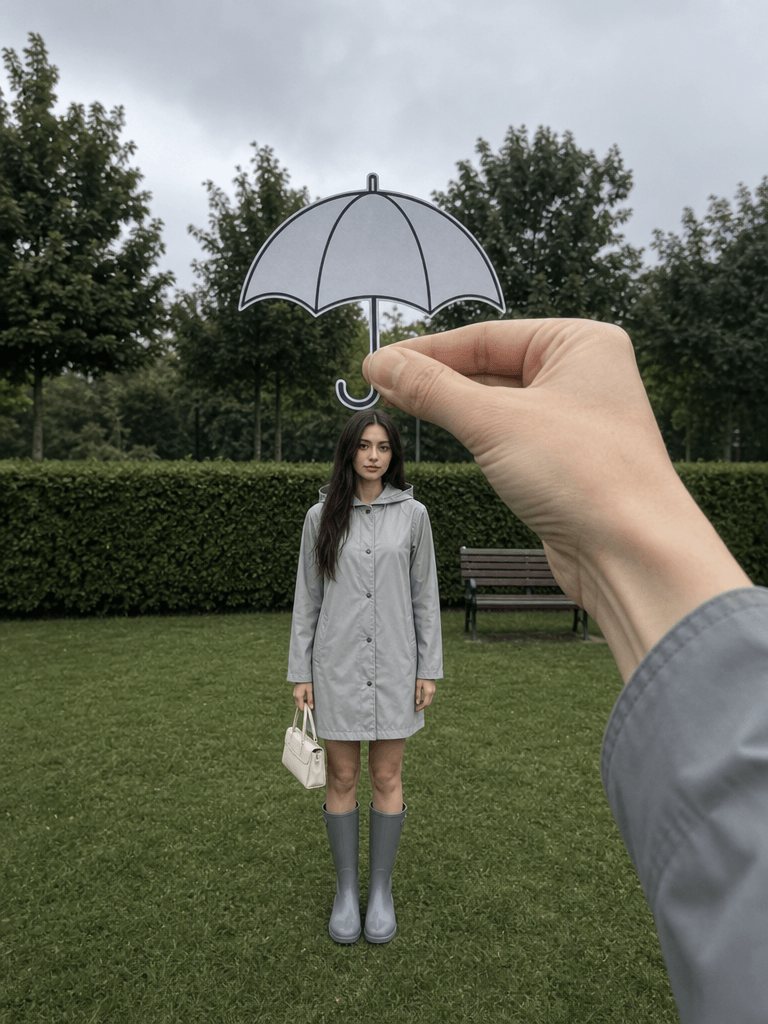 Hand holding a paper umbrella cutout above a woman in a grey raincoat and rain boots standing in a park