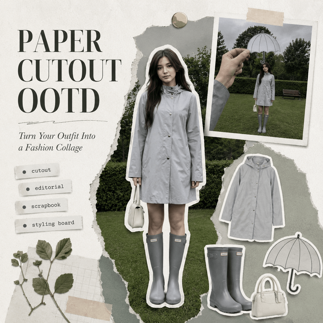 Paper Cutout OOTD fashion collage with a raincoat outfit, cutout clothing pieces, umbrella, boots, and scrapbook-style layout