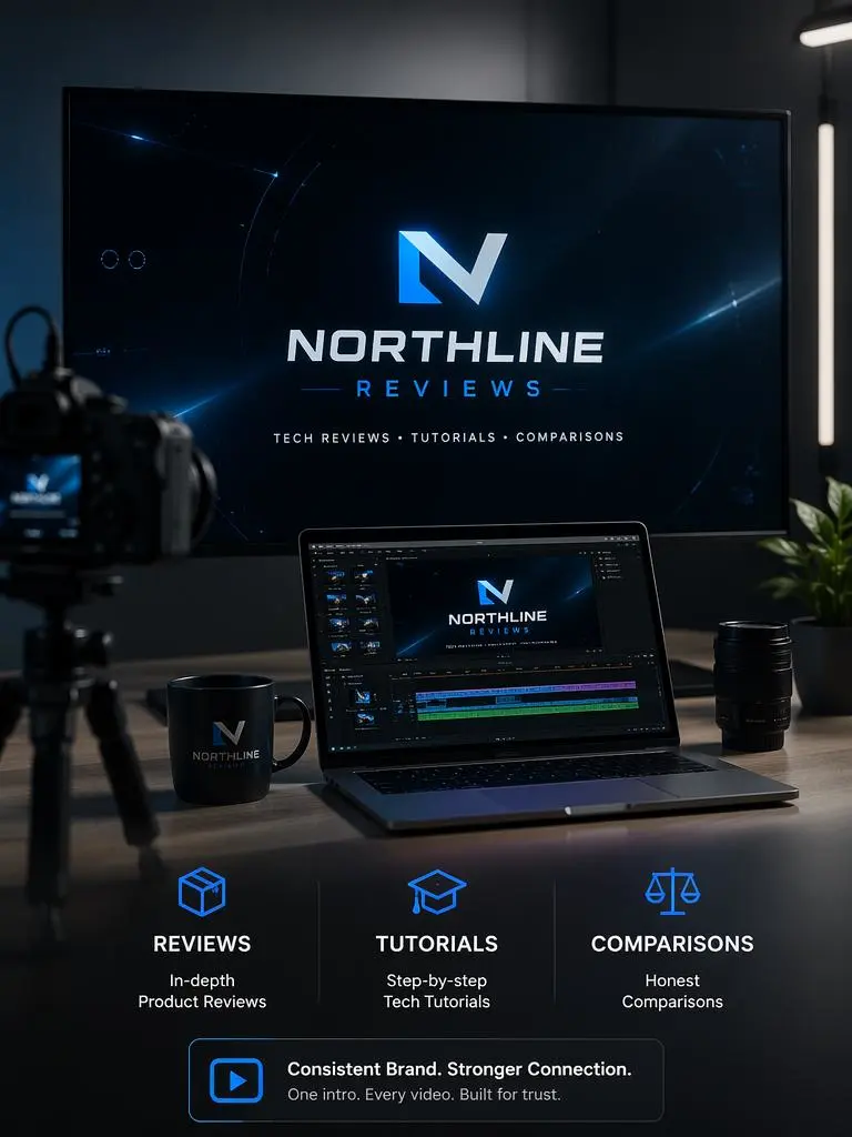 Tech review YouTube intro design with Northline Reviews logo reveal, editing laptop, camera setup, and review tutorial comparison labels.