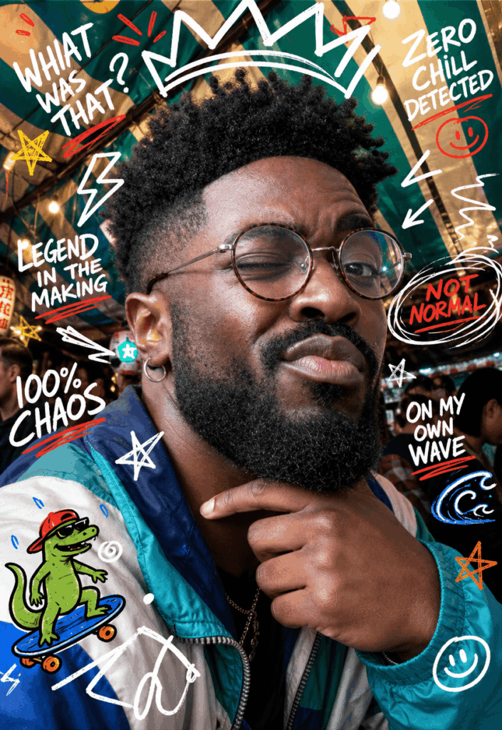 AI-generated viral poster created from a portrait photo using GPT Image with doodles, flash photography, and festival-inspired internet aesthetics