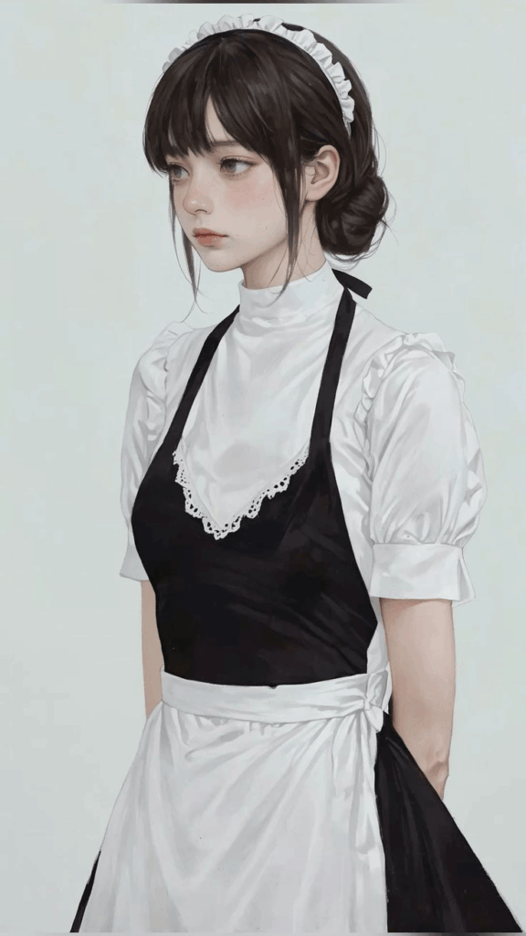 Full-body anime-style character reference of a young woman in a black-and-white apron dress, used as the source image for a Seedance 2.0 action control sheet.