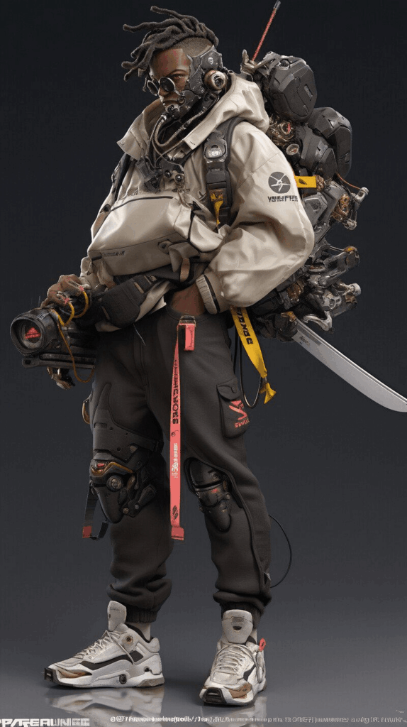 Full-body cyberpunk-style male character reference wearing a technical jacket, backpack, tactical pants, and sneakers, used as a source image for motion guide generation.